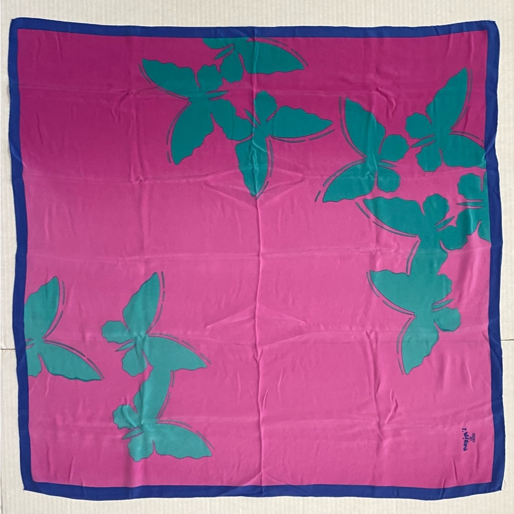 Maxim’s De Paris Silk Pink Ombré 33” Square Butterfly Scarf w/Blue Border - Picture 12 of 16